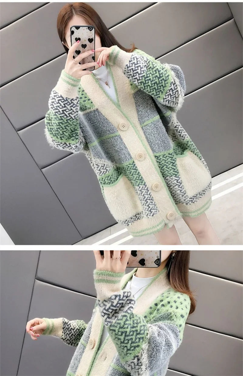 Mink Velvet Knitted Cardigan Jacket Women's 2022 New Loose Ladies Sweater Outerwear Spring And Autumn All-Match Button Jacket