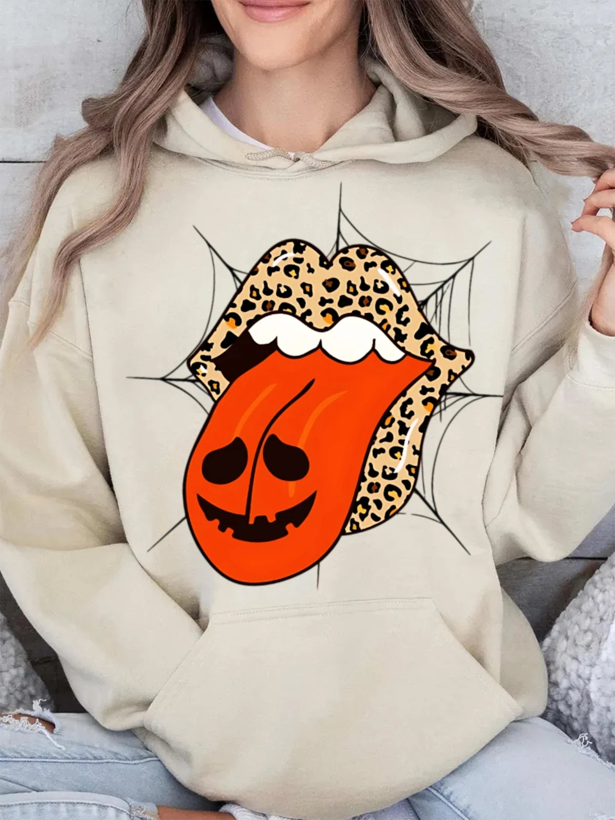 Women Sweatshirt Halloween sexy lip Hoodies Lightweight Cotton Hooded Sweatshirt - Breathable Fabric with Contrast Stitching