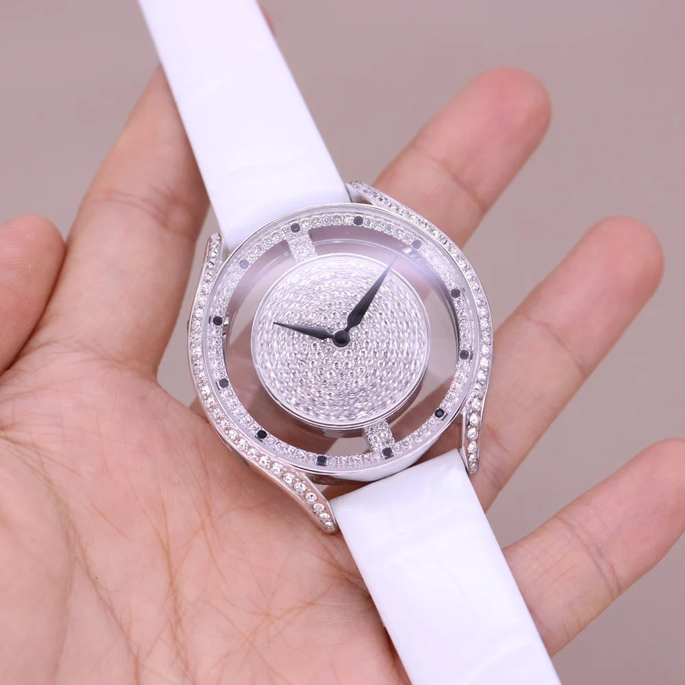 Luxury Davena Spin Snow Flower Women's Watch Japan Mov't Crystal Lady Hours Fine Fashion Real Leather Bracelet Girl's Gift Box
