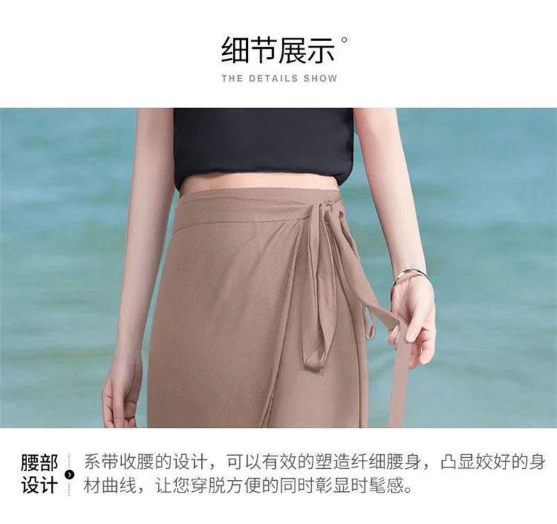 Lace-Up Summer Skirt Holiday style Chiffon Halfskin Skirt Women's 2023 Summer New Thin Dropping Long Wrapped Hip Skirt Khaki Bla