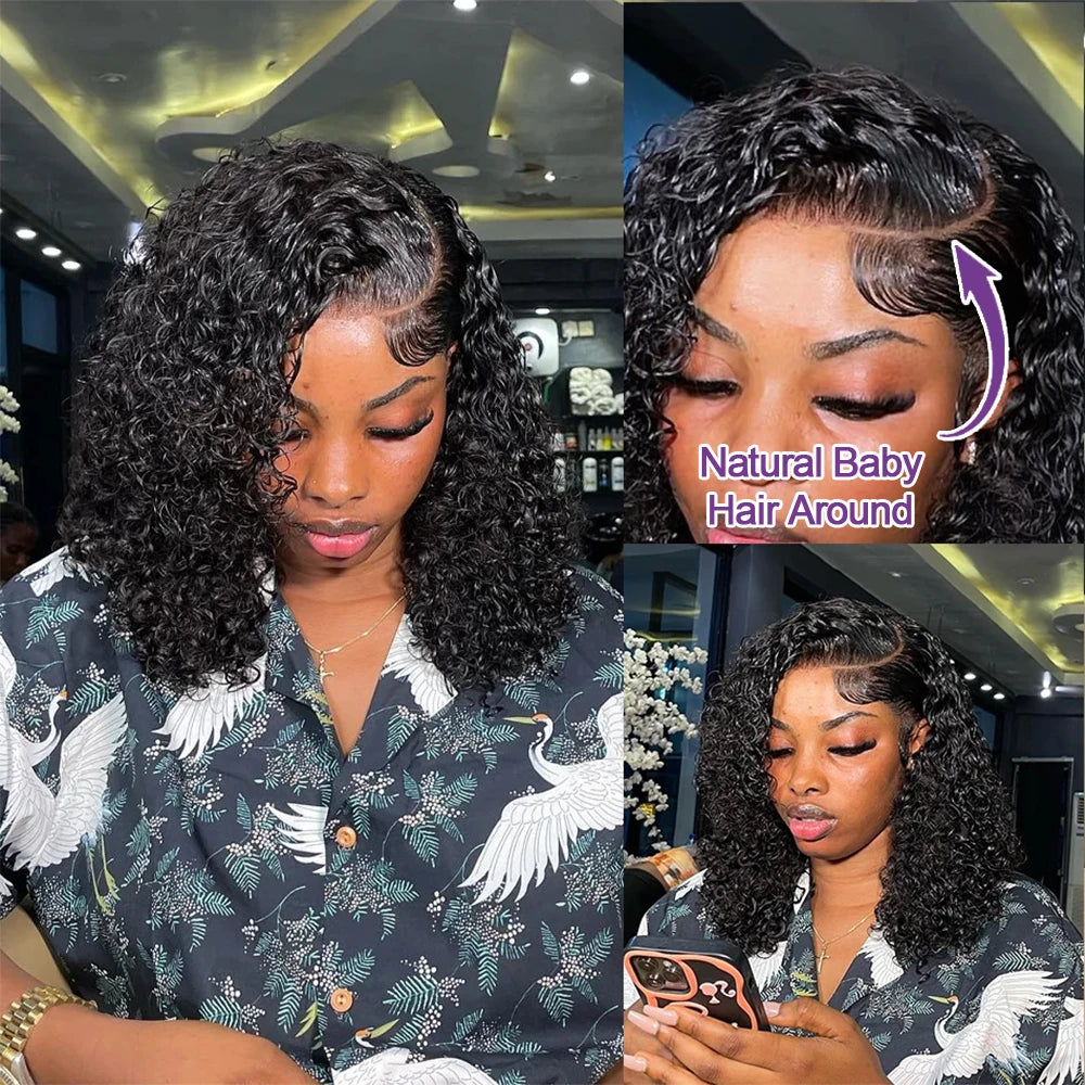 100% Human Hair wigs Glueless Deep Wave Bob Wigs 13x6 Transparent Lace Frontal Wig 16 inch Kinky Curly Short bob Wig of Women