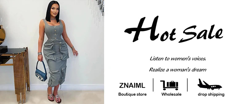 Znaiml Mult Pockets Patchwork Bodycon Mid Dress Woman Sleeveless Backless Zip Gray Cargo Dresses Birthday Club Party Vestidos
