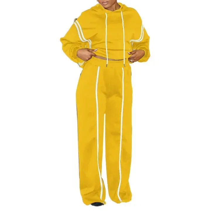 CM.YAYA Fashion Striped Splicing Women's Set Long Sleeve Hooded Sweatshirt and Sweat Pants Tracksuit 2024 Two 2 Piece Set Outfit