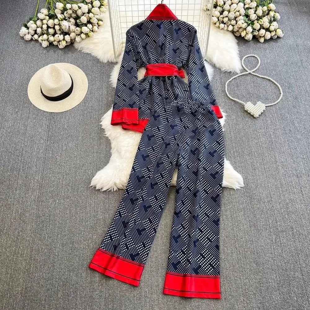 Women Contrast Dot Print V-Neck Loose Lace Up Top+Elastic Waist Wide Leg Pant Suit Autumn Fashion Kimono Cardigan Two Piece Set