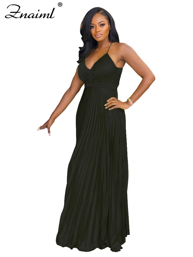 Znaiml Elegant Satin Pleated Vacation Burgundy Maxi Dress Women V-neck Straps Backless Bow Tie Long Vestidos Birthday Clubwear
