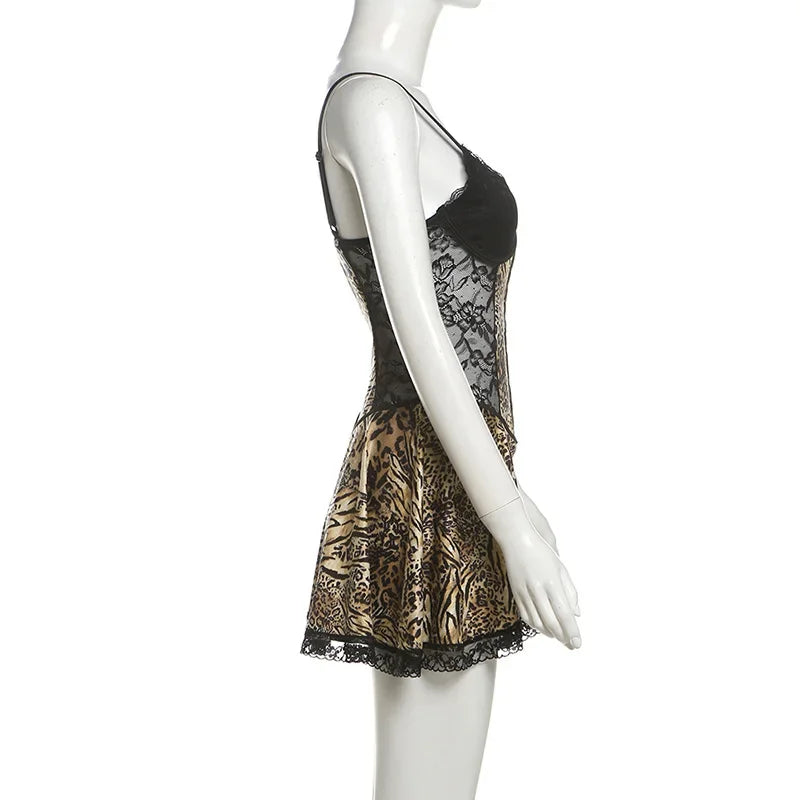 Sexy Skirt Women Product Backless Slim Fit Perspective Lace Leopard Print Patchwork Suspender Short Dresses 2025 Autumn Winter