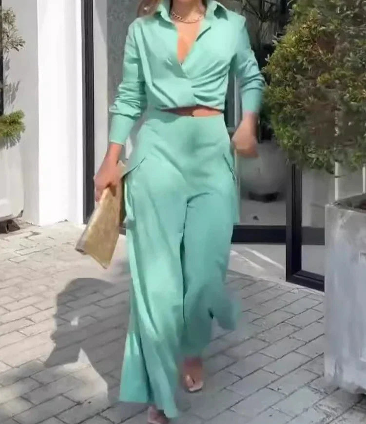 2 Piece Set Women Clothes Elegant Commute Long Sleeve Top & High Waist Wide Leg Pants Fashion Suit for Female 2025 Summer New