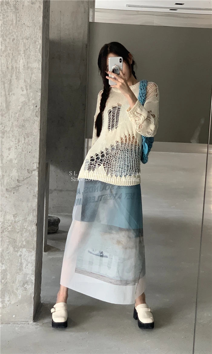Karrram Gothic Hollow Out Sweater Hole See Through Oversized Knitted Pullovers Emo Streetwear Grunge Clothes Y2k Tops Spring