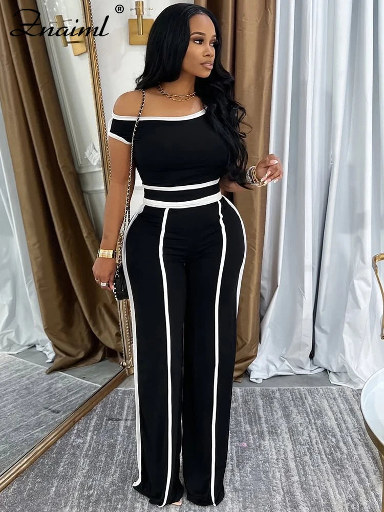 Znaiml Casual Solid Color Wide Legs Pnats Set for Women Diagonal Shoulders T-Shirt Crop Tops and Trousers Two Pieces Suit Outfit