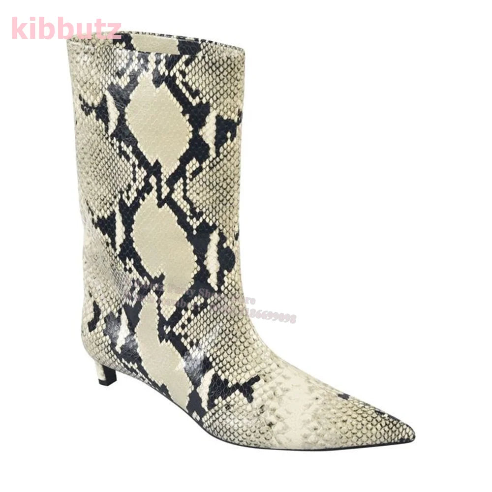 Novelty Leather Mid Calf Boots Chelsea Pointed Toe Kitten Heel Wide Mouth Sleeve Slip-On Solid Color Fashion Sexy Elegant Women