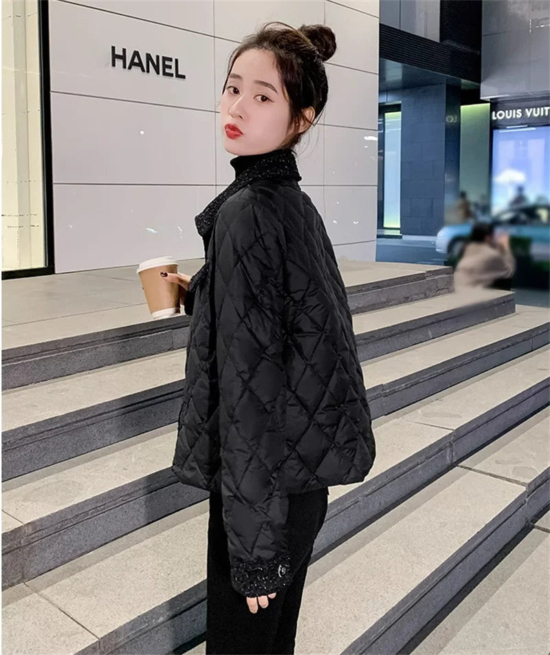 Lightweight Down Cotton Jacket Women's Short Jacket 2023 Winter New White French Style Fashion Women Jackets Patchwork Tweed Coa