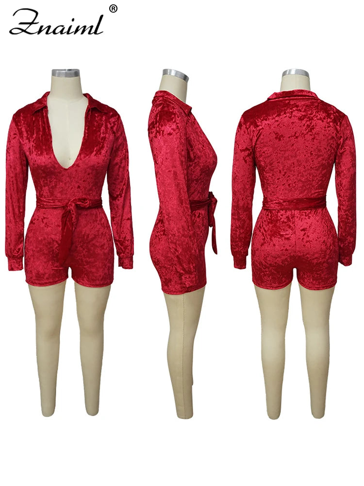 Znaiml Elegant Velvet Shorts Jumpsuit Women Clothing Solid Color Long Sleeve V-Neck Playsuits Sexy Nightclub Bodycon Romper New