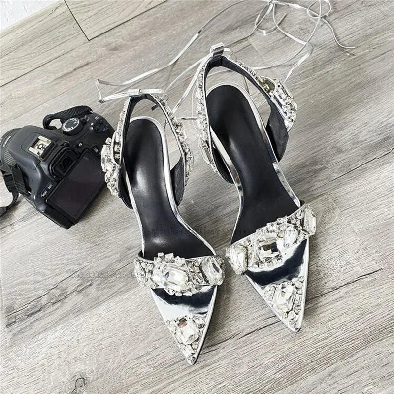 Green Open Toe Sandals With Back Strap And Crystal Detail For Women