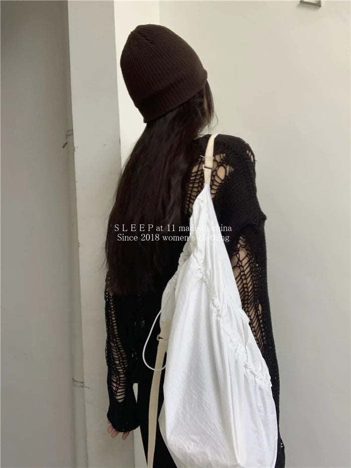 Karrram Gothic Hollow Out Sweater Hole See Through Oversized Knitted Pullovers Emo Streetwear Grunge Clothes Y2k Tops Spring