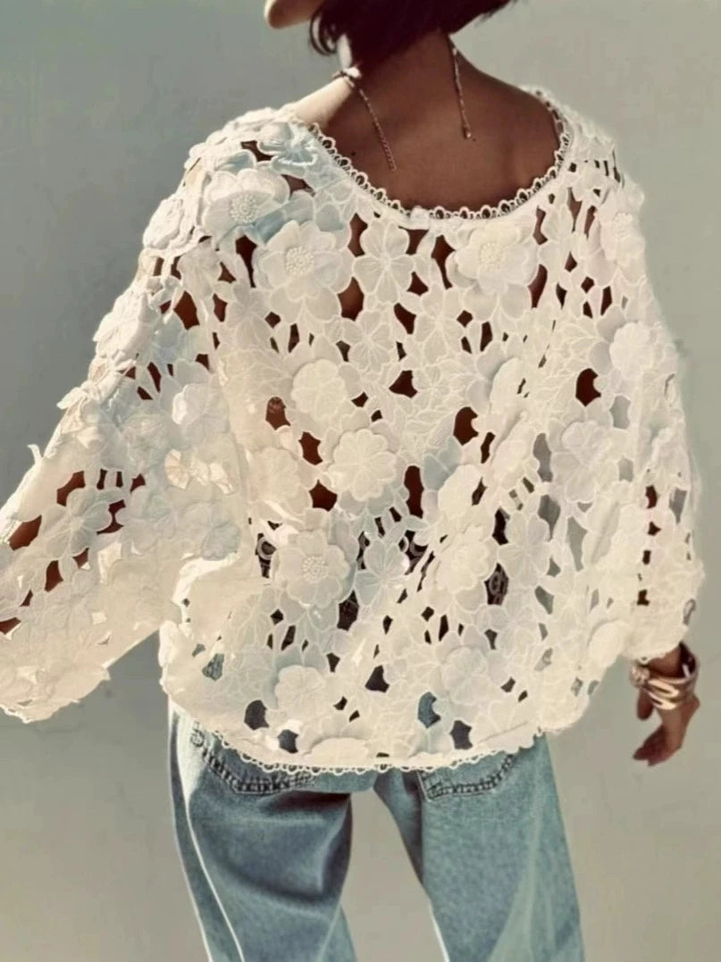 Summer Hollow Out Lace Loose Blouse Women V Neck Lace Flowers Single Breasted Long Sleeve Crop Tops Streetwear Fashion Shirts