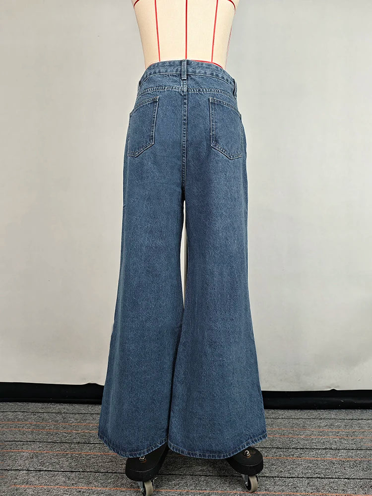 Beautyblue Fashion Women's Jeans Button Baggy Denim Jeans Pants High Waist Casual Classic Blue Wide Leg Trouser Female Y2K Punk