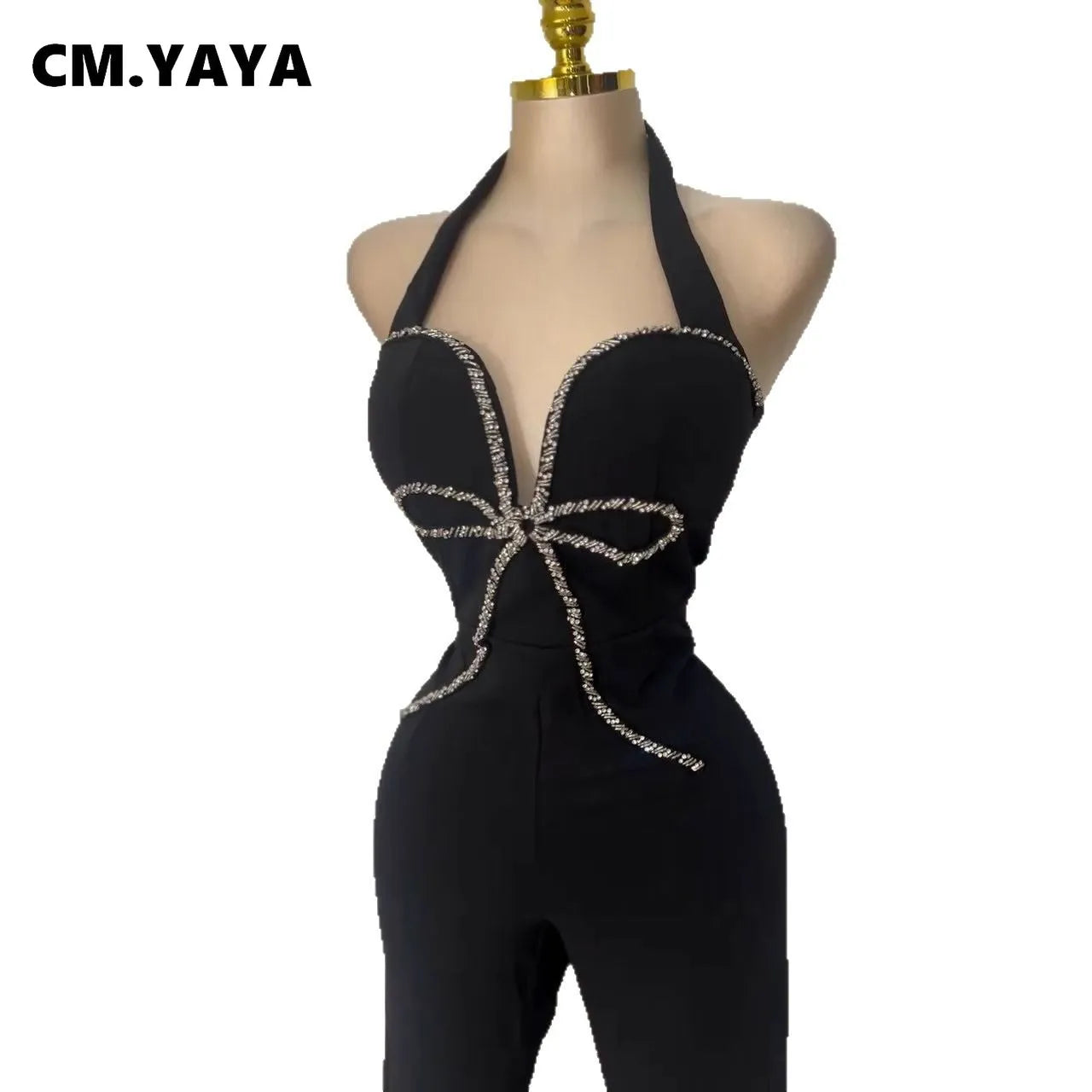 CM.YAYA Fashion Women Halter Neck Butterfly Striped Splicing Sleeveless Jumpsuits 2025 Sexy Party Outfits One Piece Suit Rompers