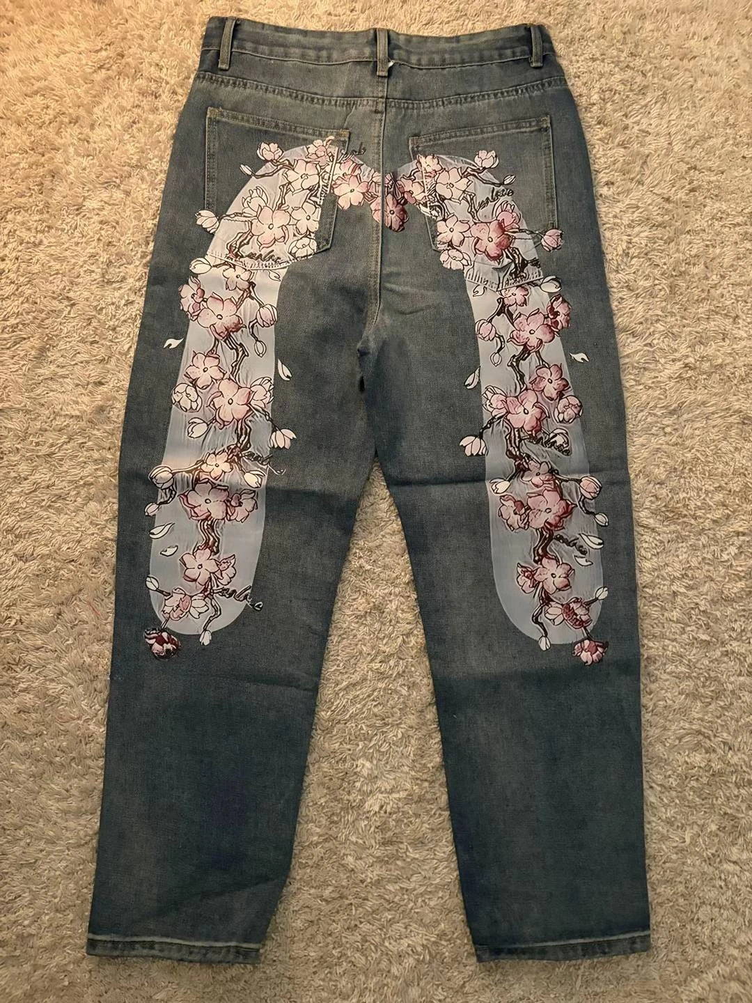 Vintage Cherry Blossom Embroidery Baggy Jeans Women Y2k Harajuku Hip Hop Casual 2000s Wide Trousers American Gothic Streetwear