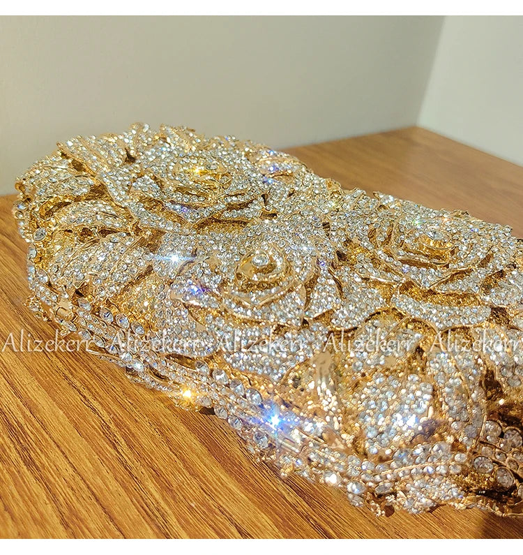 Alizekerr Rose Crystal Evening Clutch Bags Women New Luxury Boutique Sparkling Diamond Flower Purses And Handbags Wedding Party