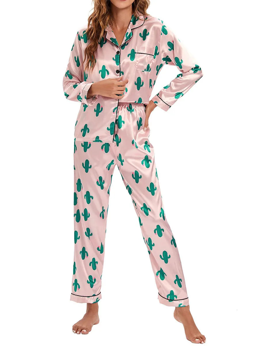 Women 2 Pieces Satin Pajamas Set Spring Autumn Long Sleeve Button Up Shirt and Casual Loose Elastic Pants Sleepwear Loungewear