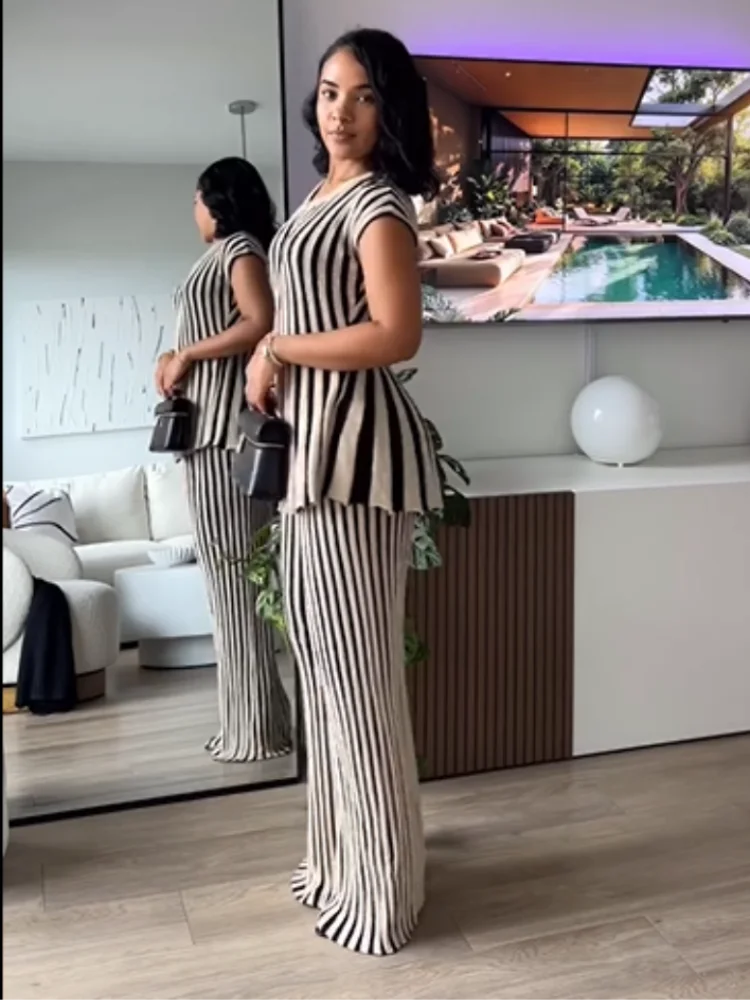 Joskaa 2025 Women's Striped Knit Two Piece Set Casual O-Neck Sleeveless Sweater Vest and Flared Pants Matched Vintage Streetwear