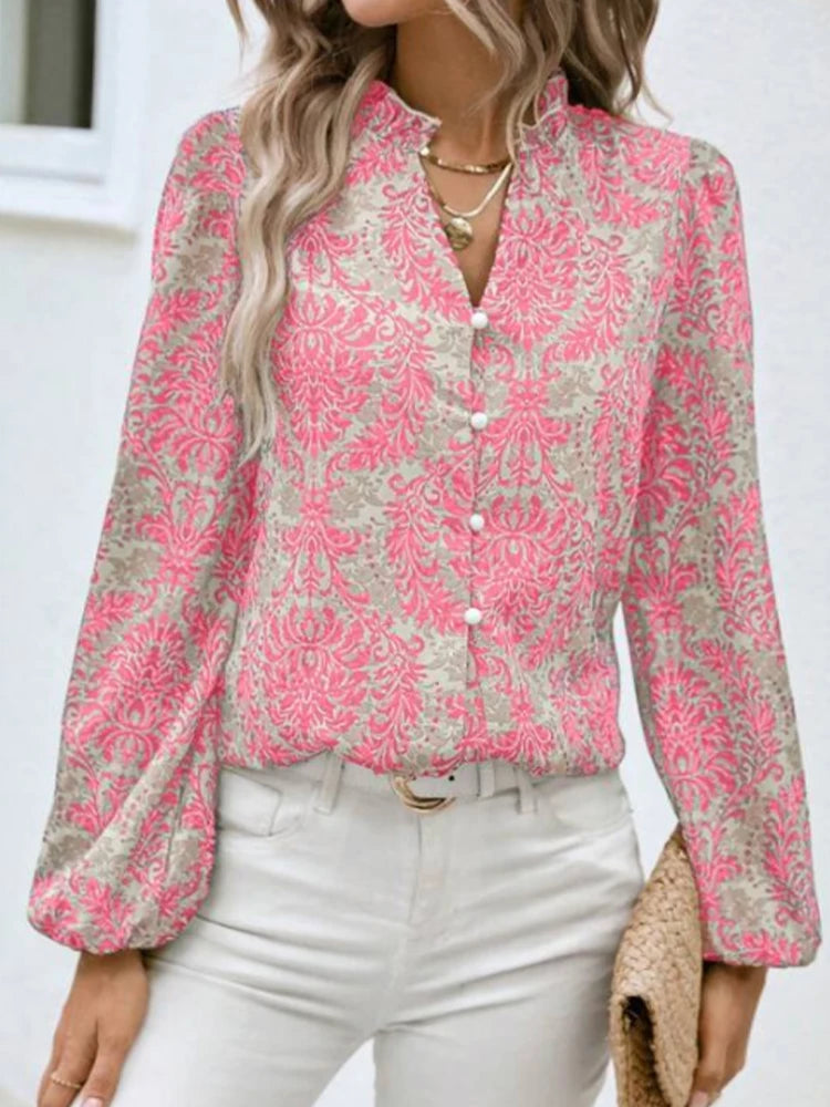 Women's Long Sleeve Shirt V-Neck Embellished Pleated Lantern Sleeves Full Print Button-Up for Summer and Autumn