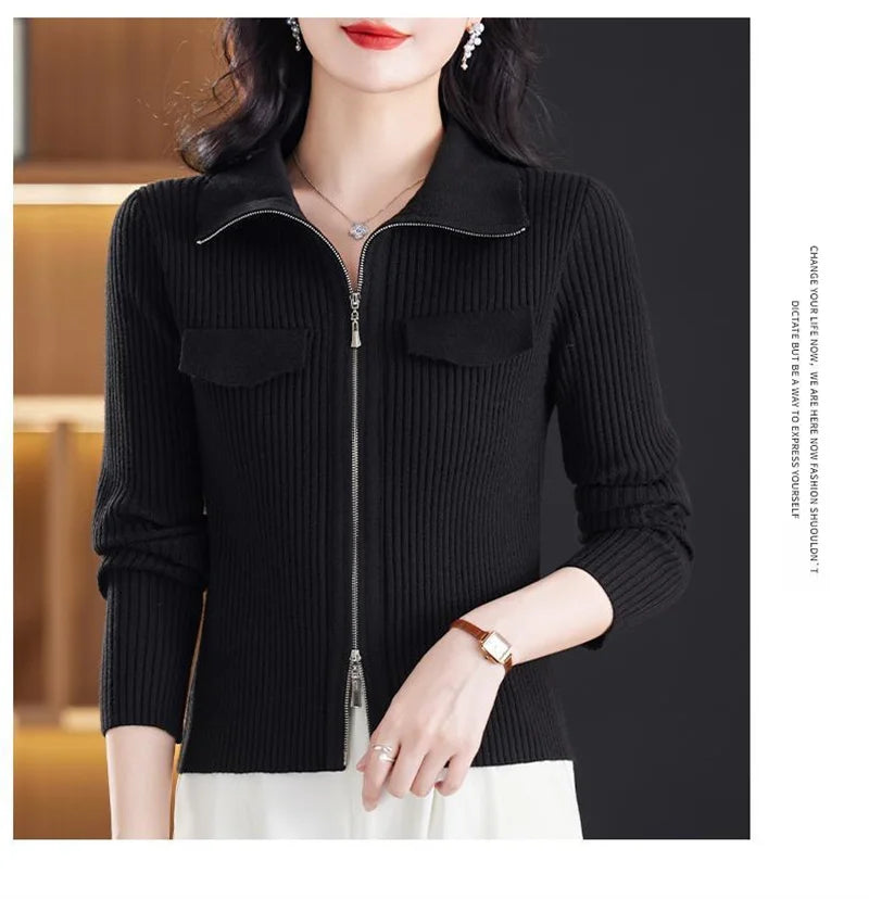 Fashion Zipper Short Knitted Cardigan Sweater 2025 Spring Autumn New Korean Versatile Coat Top Turn-Down Col Sweater Solid Color