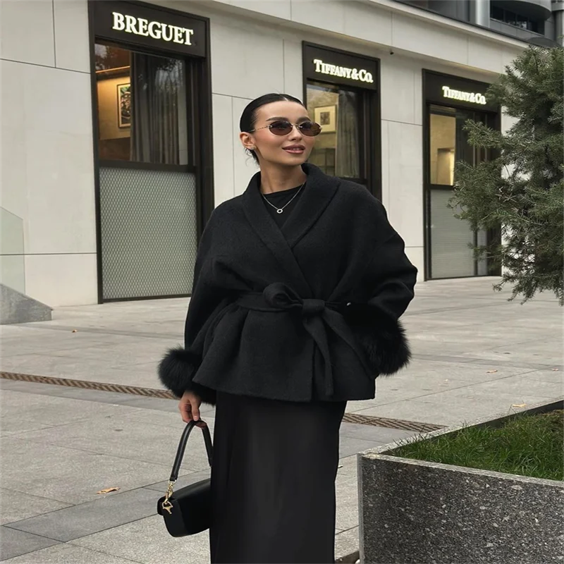Plush Cuffs Belt Women 's Coats Elegant Lapel Faux Fur Sleeve Twist Open Coat Female 2025 Autumn Winter Fashion Lady Streetwears