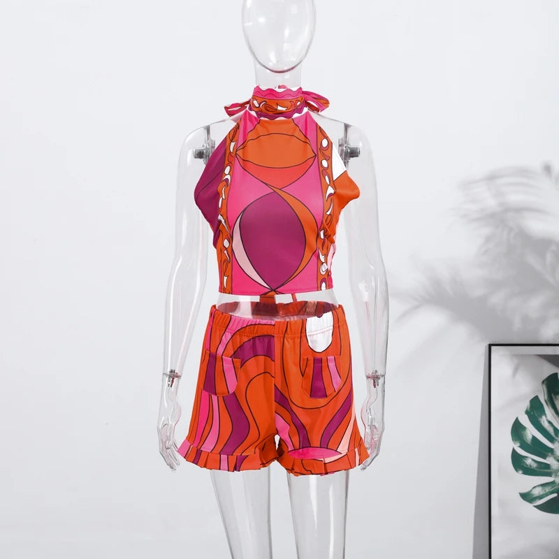 Print Irregular Women's Short Skirt Suits Halter Lace Up Backless Sleeveless Tank Top High Waist Sets Summer Lady Beach Outfits