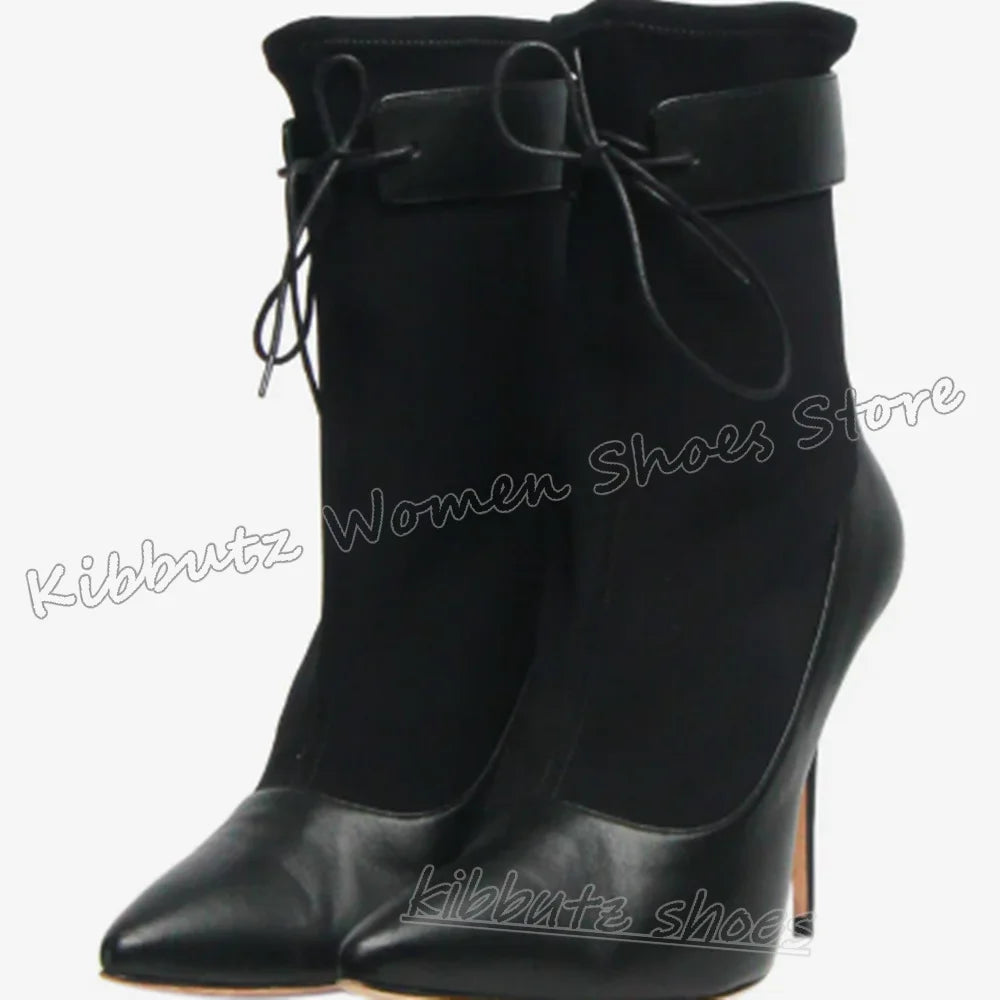 Patchwork Ankle Boots Lace-Up Leather Solid Color Novelty Luxury Elegant Concise Sexy Fashion Women Shoes New Pointy Thin Heels
