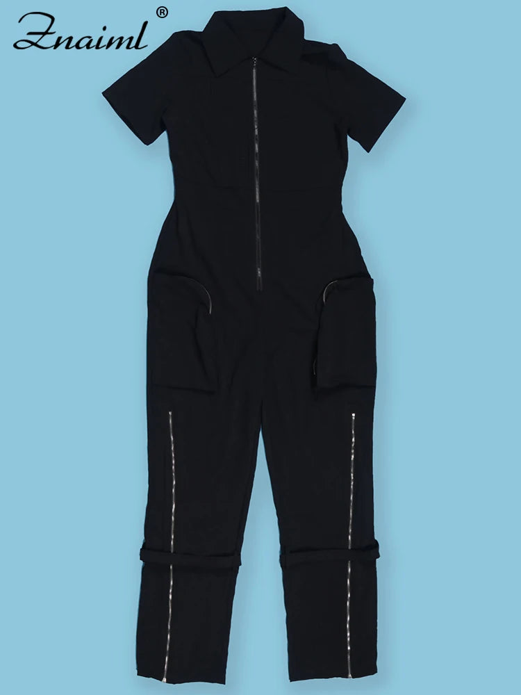 Znaiml Safari Style Short Sleeve Zipper Pocket Jumpsuit Women Fashion Cargo Pants One Piece Overalls Streetwear Playsuit Rompers