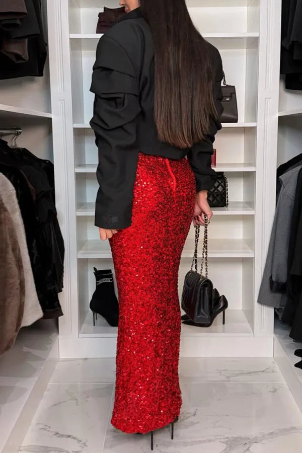 Spring Glitter Sequin Shiny Skirts For Women Club Party Elegant High Waist Slim A-Line Long Skirt Sexy Streetwear Ladies Skirts