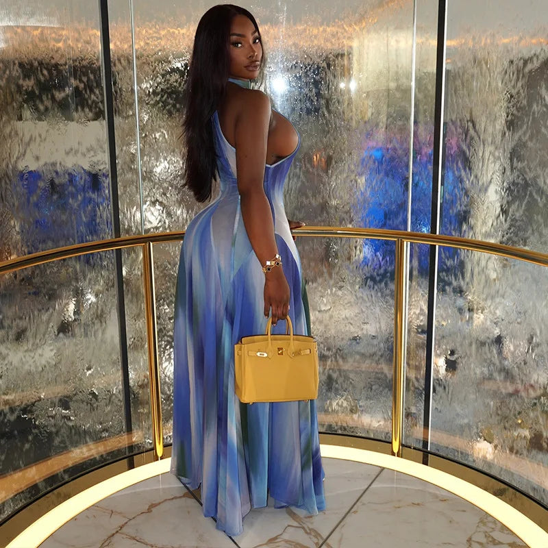 CM.YAYA Women Gradient Print O-Neck Sleeveless Bodycon Long Dress 2025 Summer Holiday Birthday Evening Beach Sexy Party Dresses