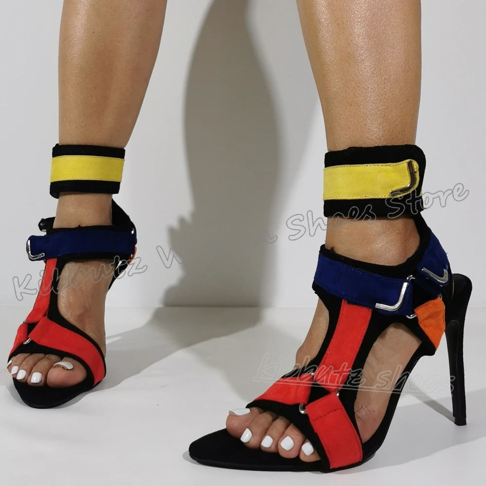 Hook&loop Patchwork Sandals Buckle Strap Pointy Thin Heels Fashion Luxury Elegant Comfortable Novelty Women Shoes Newest Leather