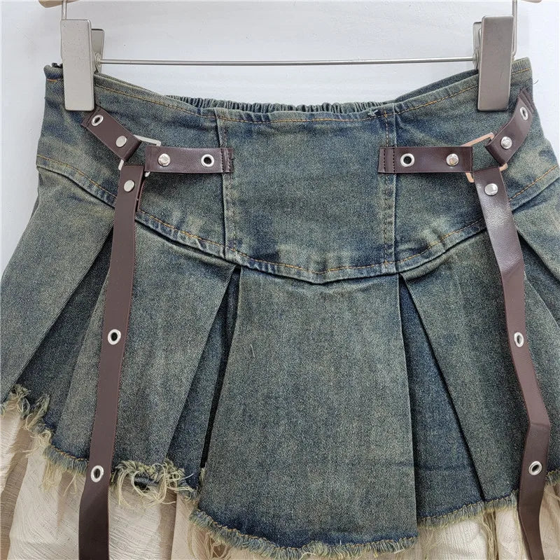 YEAE trendy fashion women's patchwork denim pleated skirt 2024 autumn new high waist strap design A-shaped skirt women