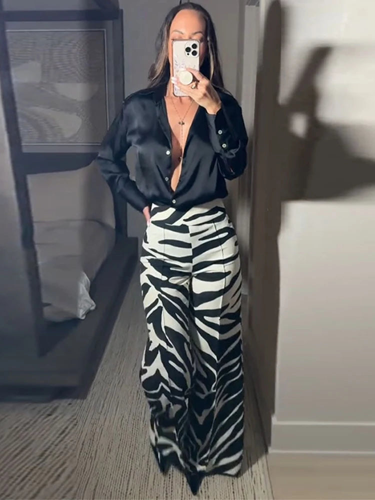 Zebra Print Wide Leg Women Pants High Waisted Stretch Fit 2025 Autumn Fashion Elegant Casual Bottoms Office Chic Lady Trousers