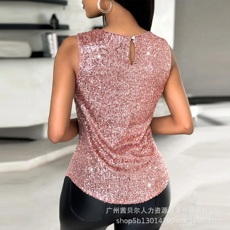 Women Glitter Sequin Round Neck Sleeveless Blouses Shirts Casual Sparkle Tank Top