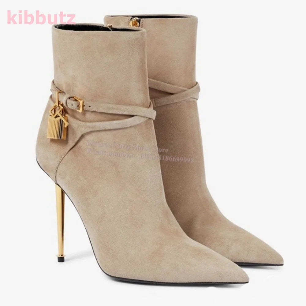Metal Padlock Key Ankle Boots Genuine Leather Solid Color Pointed Toe Thin Heel Suede Side Zipper Fashion Runway Show Elegant