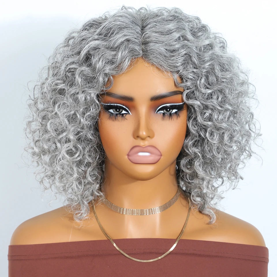 Lekker Gray Short Afro Kinky Curly Bob Middle Part 100% Human Hair Wigs For Women Brazilian Remy Hair Glueless Daily Mom Wigs