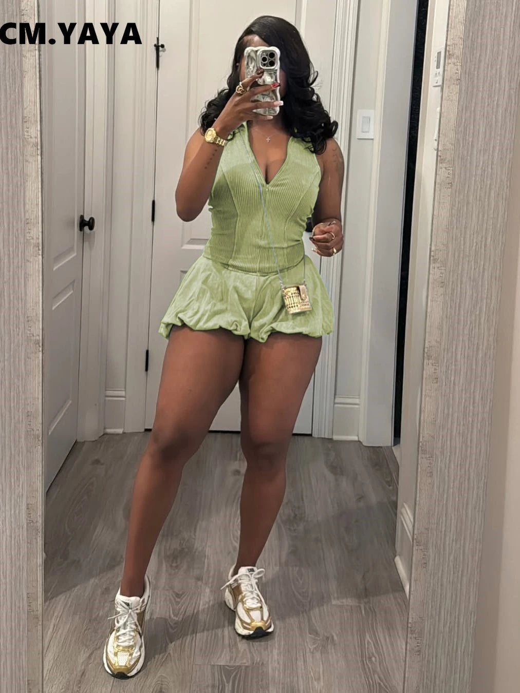 CM.YAYA 2025 Women Sleeveless Knitted Ribbed Patchwork Short Jumpsuit Playsuits Summer Street Elastic Party Romper One Piece Set