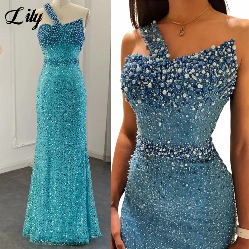 Lily Blue Gorgeous Rhinestones Prom Dresses One Shoulder Sleeveless Evening Dress Pearls Sequins Mermaid Party Gowns Customized