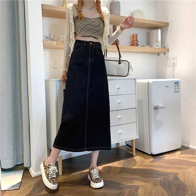 New 2022 Spring-Autumn Medium-Length Denim Skirt For Women High-Waisted Slimming Plus Size Curvy Girls A- Line Hip Covering Skir
