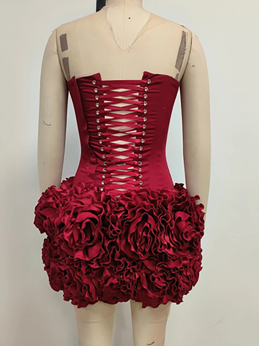 Women's Sexy Strapless Red Mini Skirt and Off-Shoulder Corset Top Two-Piece Set Lace Up Elegant Quality Luxury Party Dress
