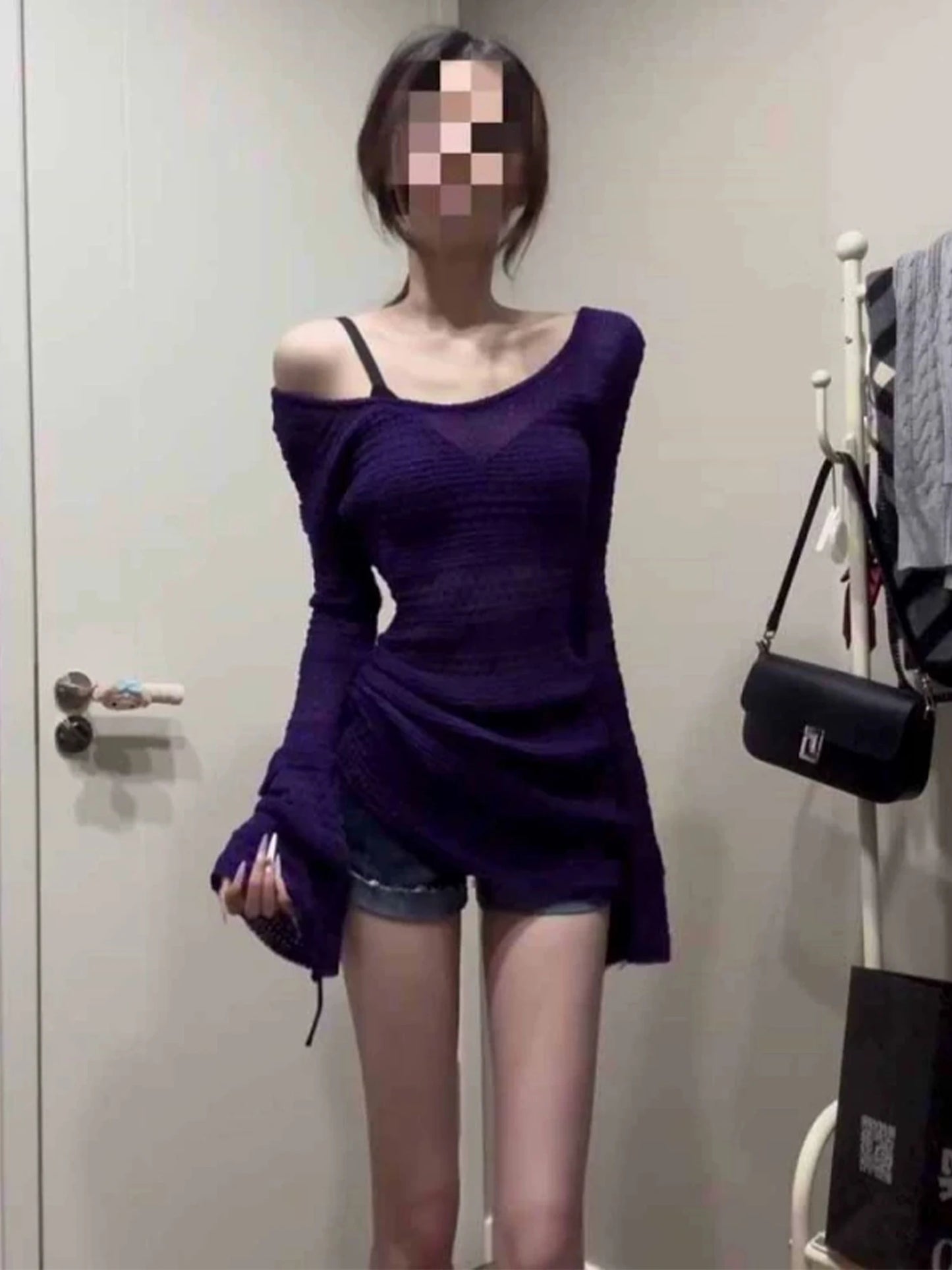Women's Purple Y2k Knitted T-shirt Harajuku Tee Top Vintage 90s Aesthetic Oversize Flare Sleeve T-shirts 2000s Emo Clothes 2025