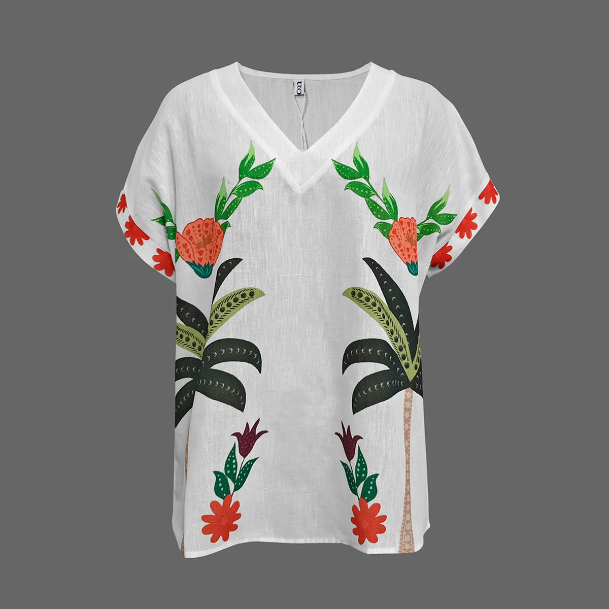 Beautyblue Cotton Linen Bohemian White Blouse Vacation Clothes New Casual Loose Raglan Sleeve V-Neck Printed T-shirts for Women