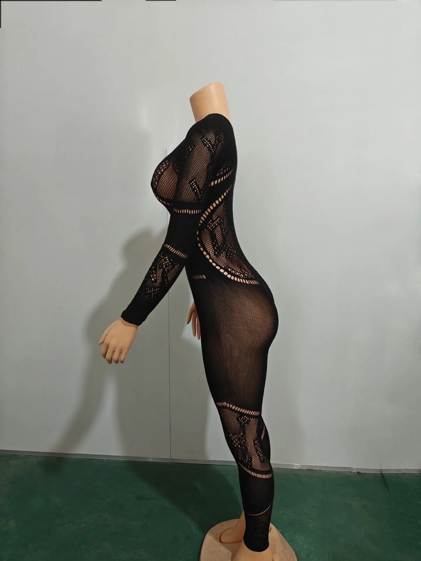 CM.YAYA Long Sleeve Sexy Mesh Lace Hollow Out Women’s Jumpsuits 2024 Fall O-Neck Night Club Party Pajamas One Piece Outfits