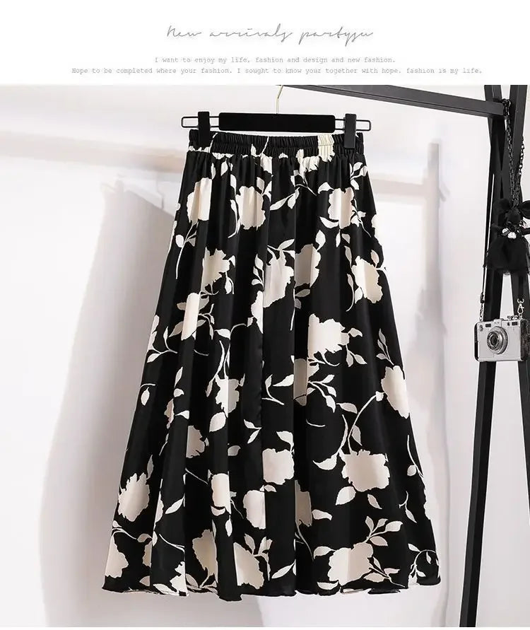 Plus Size High-Waisted Slimming Plus Size Women's Rose Skirt 2024 Summer Medium-Length Stylish BBQ Hip Covering Casual Dress