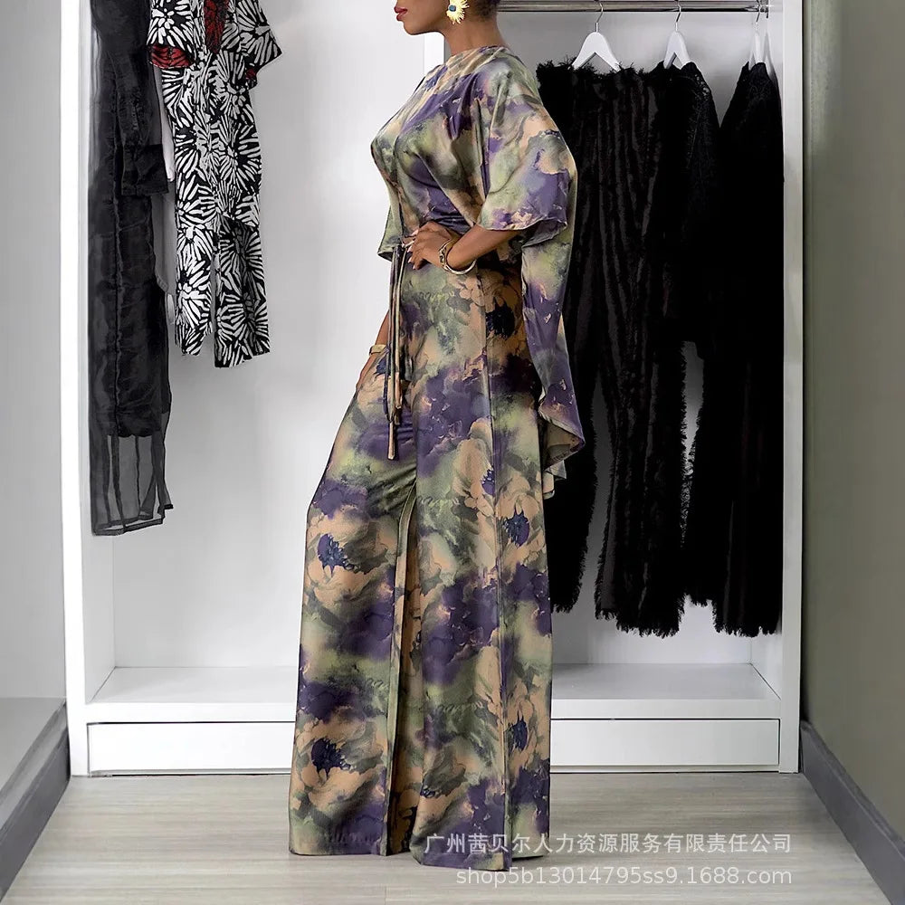 Pant Set Women Two Piece Sets Matching Sets Bat Sleeve Print Floral Tops Wide Leg Long Pants High Waist Casual Y2k Streetwear
