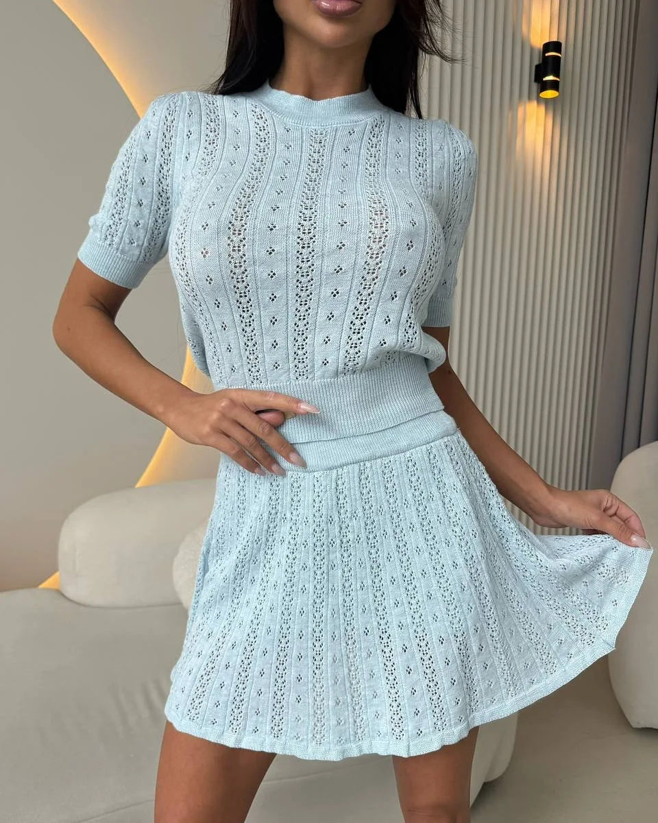 Hollow Out Knit Sweater And Mini Skirt Set for Women