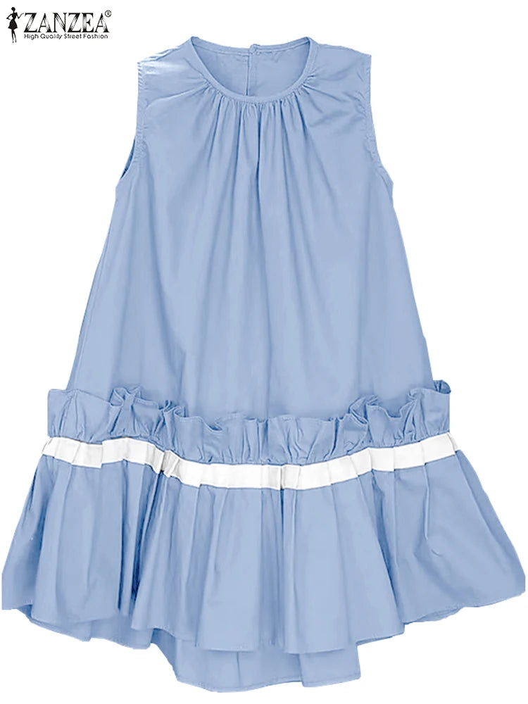 ZANZEA Women Solid Mini Dress Fashion Rufffled Stitching Pleats Vestidos 2024 Summer Sleeveless Tank Robe Casual O-neck Sundress